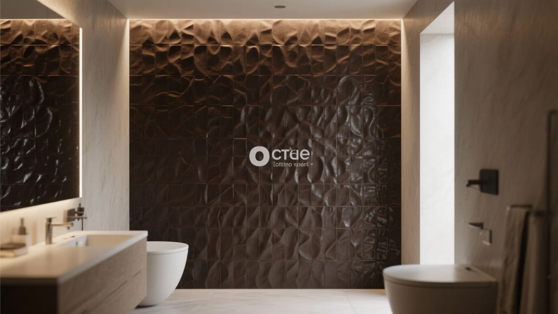 Modern bathroom featuring dark brown textured wall panel, white sink, toilet, and warm hidden lighting