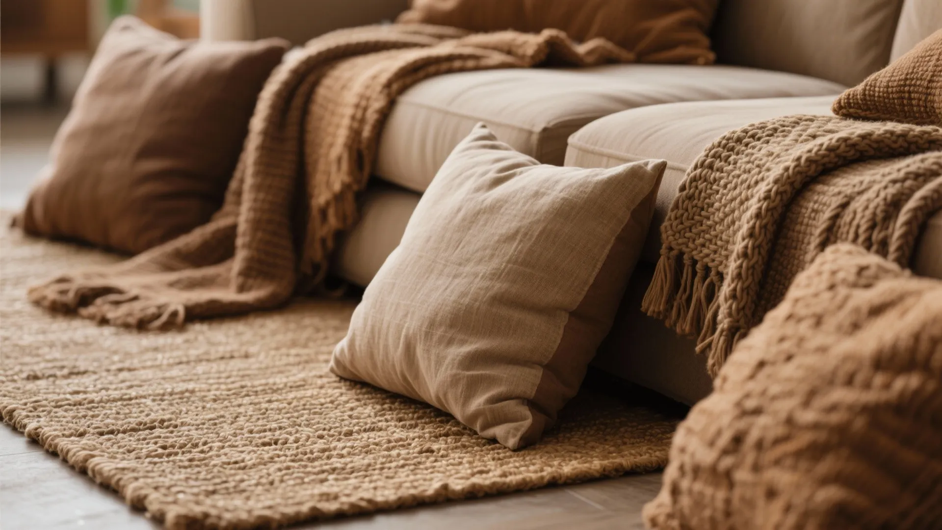 Beige cushions and brown knitted blankets resting on a textured woven rug in a room