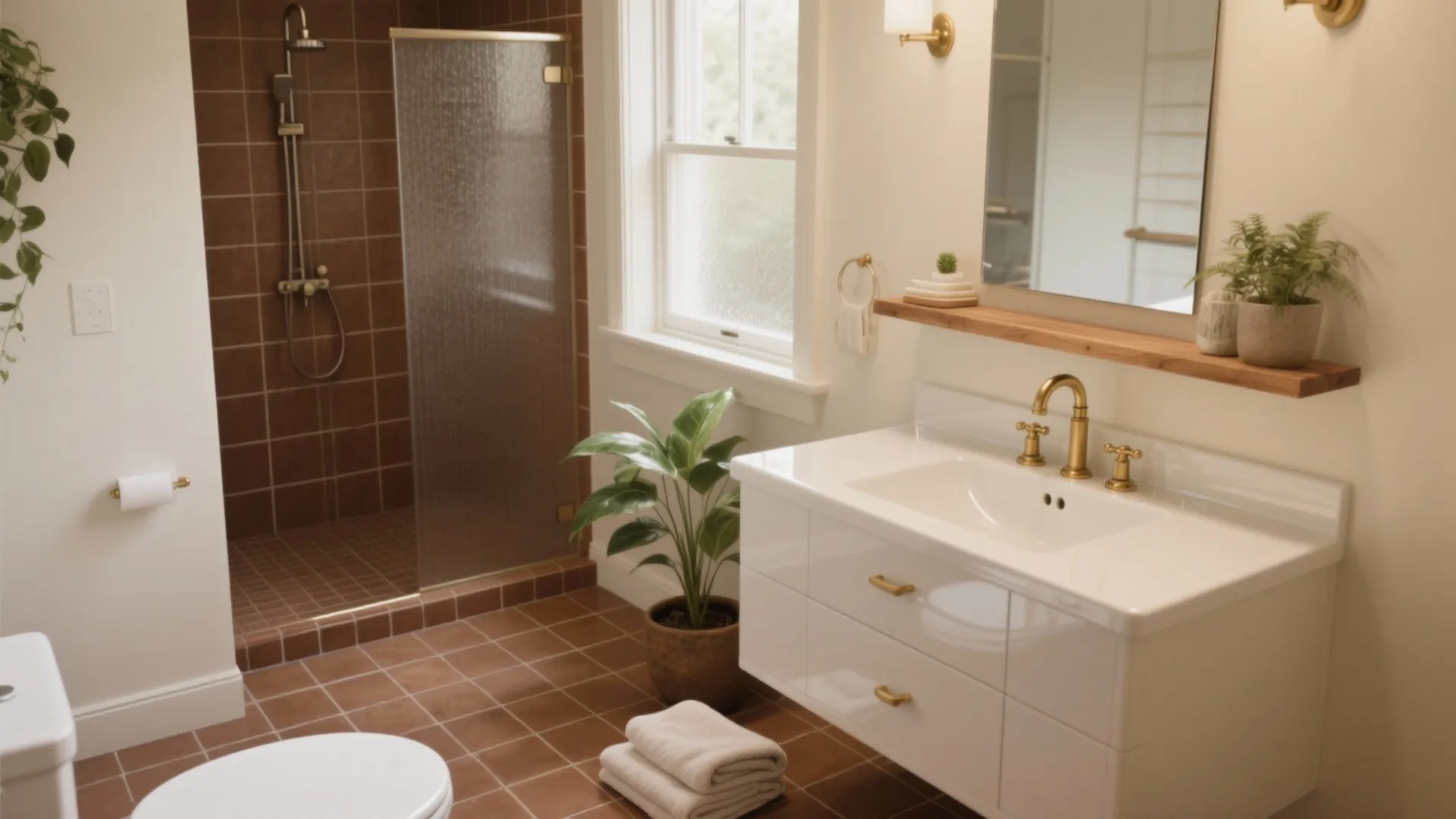 Modern bathroom with white cabinet gold faucet brown wall tiles glass shower and potted plant