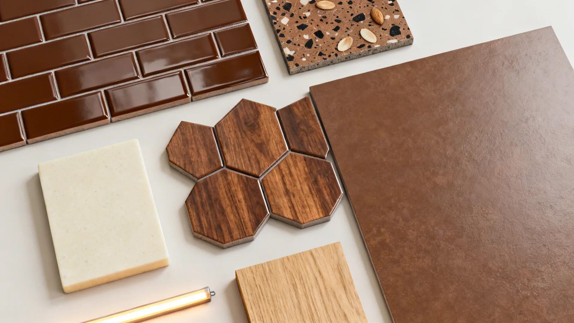Top-down palette with matte subway, glossy zellige, terrazzo, walnut hex, coffee porcelain, oak, and cream.