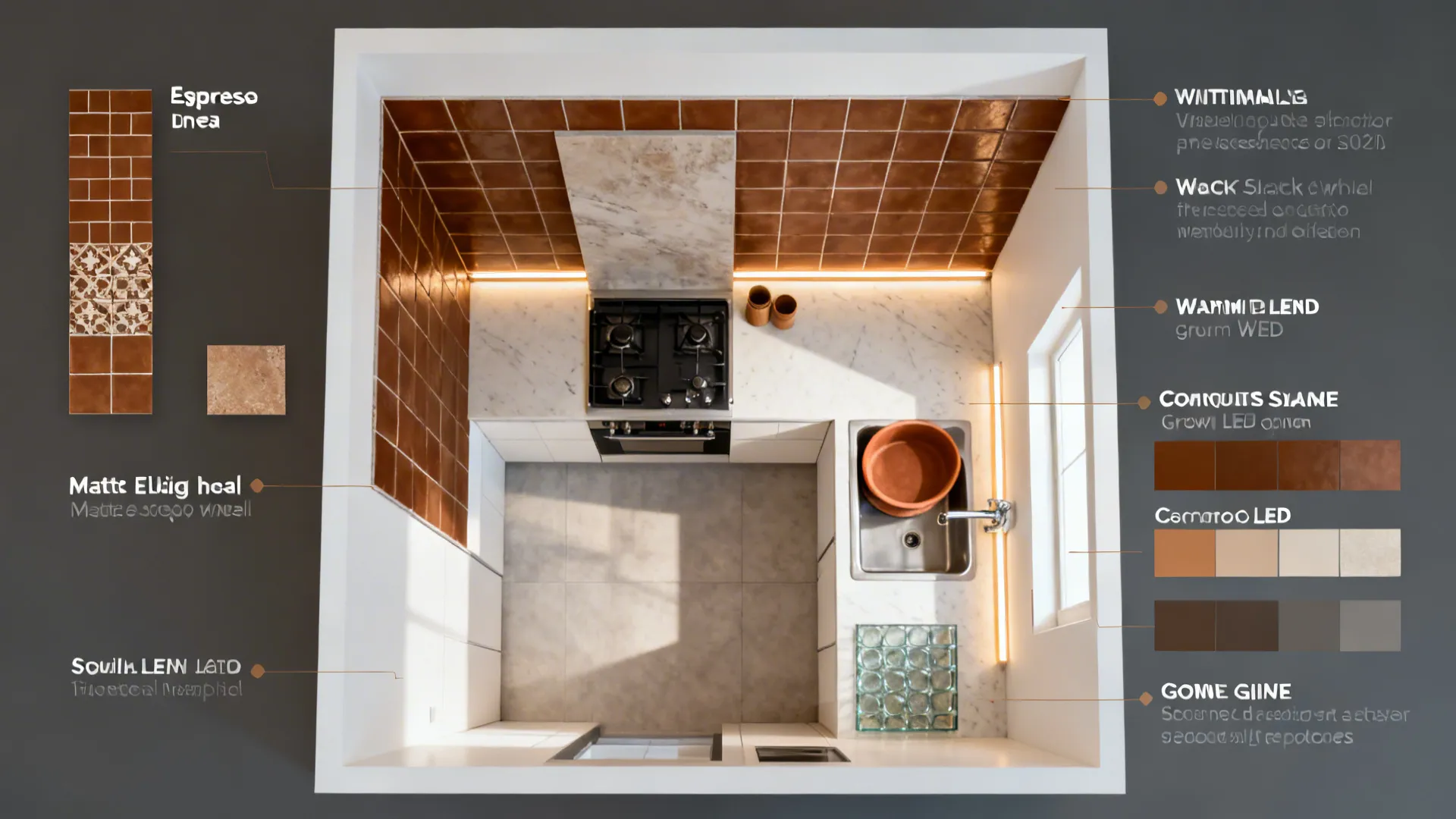 Top-down compact kitchen plan showing brown tile zones and lighting placements.