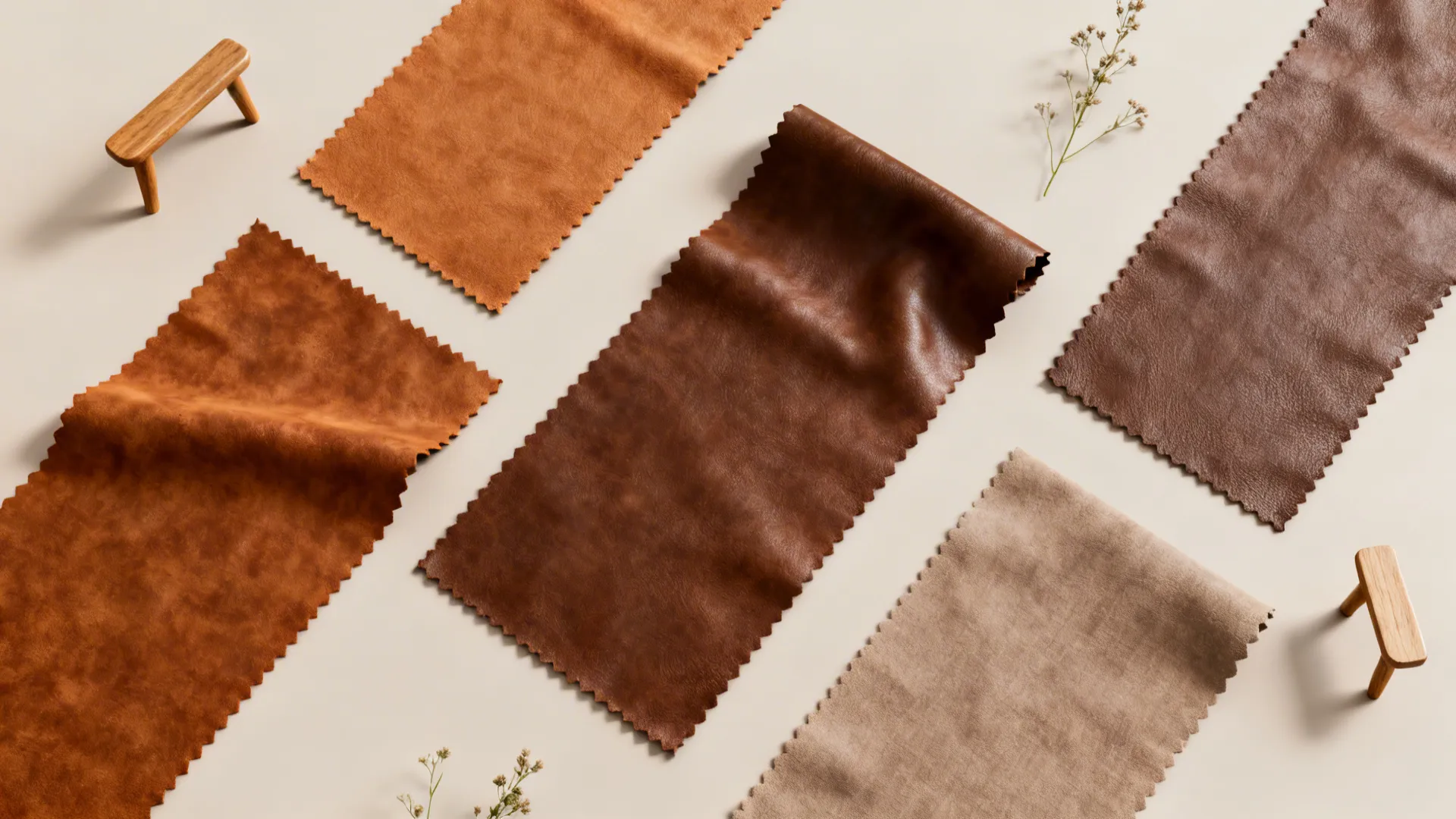 Flatlay of brown fabric swatches and wood leg samples to choose chair tones