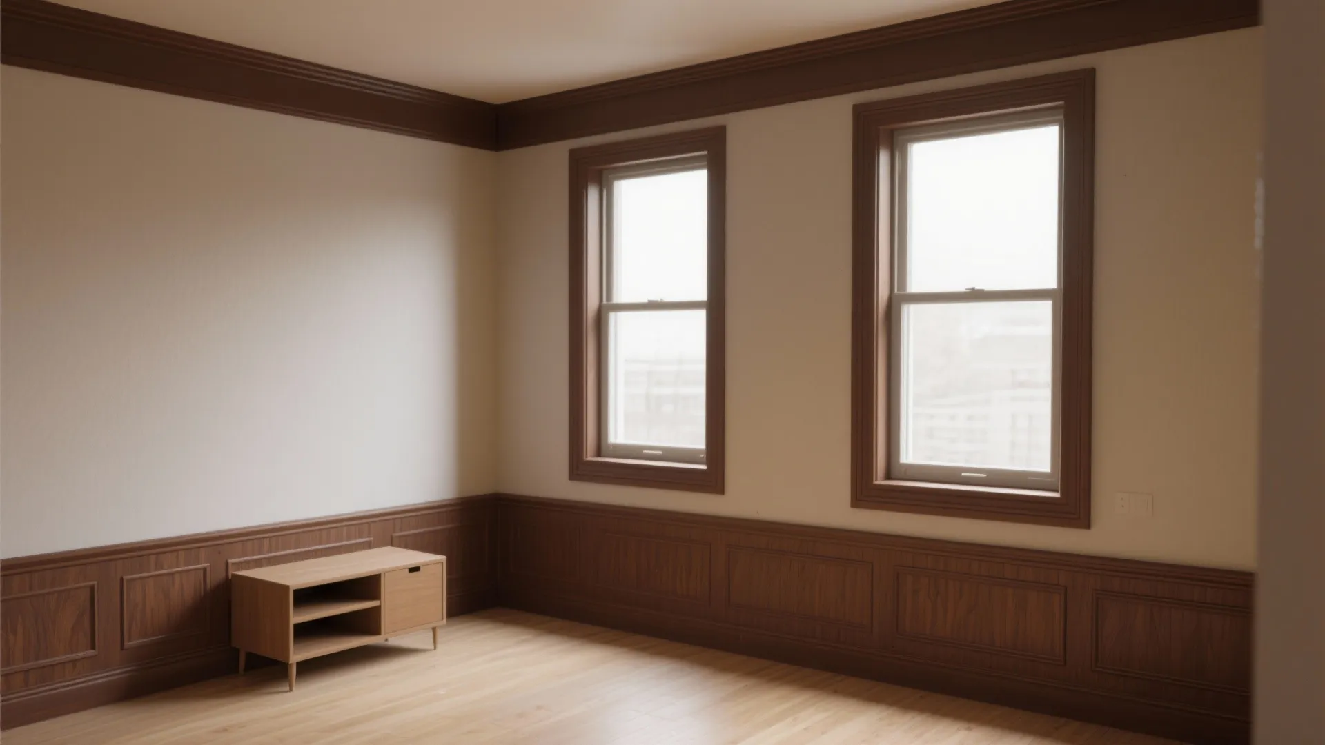Small apartment interior showing brown window trim and frames coordinated with wall color.