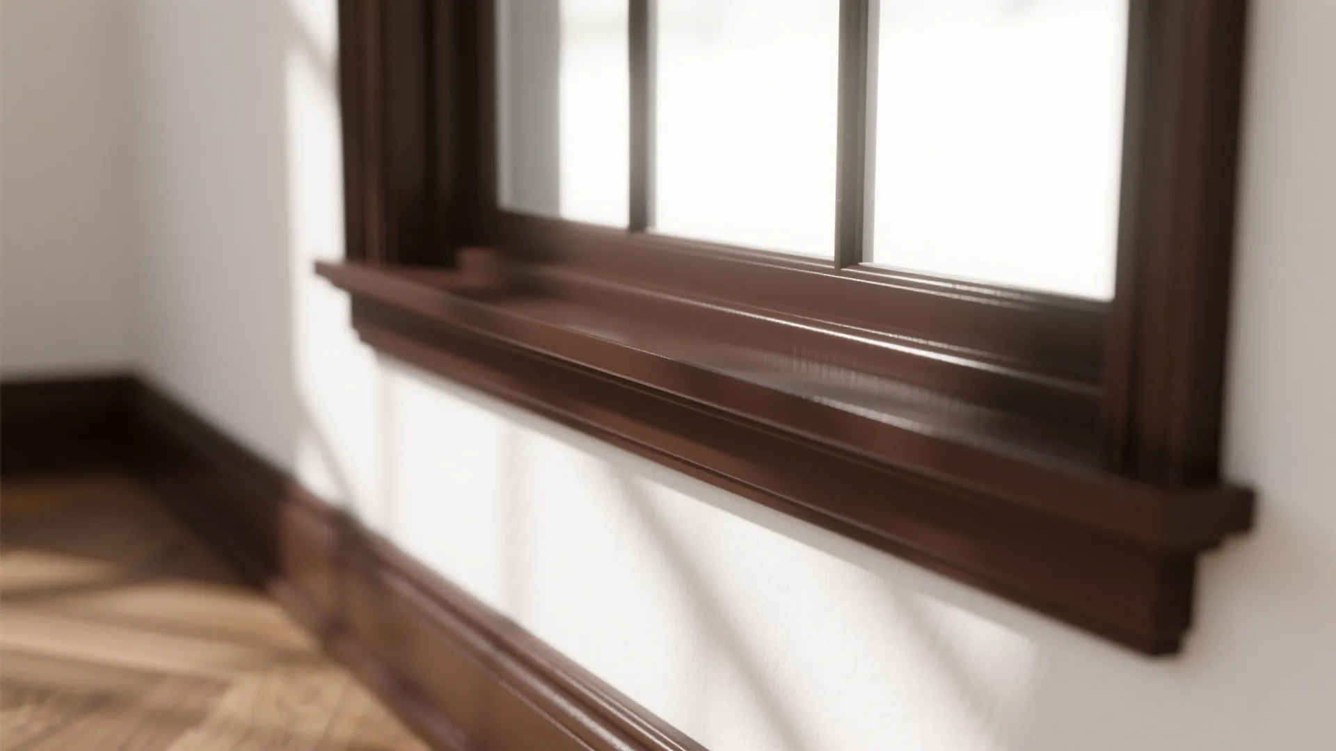 Close up of brown wooden windows frame and wall panel with white wall and sunlight
