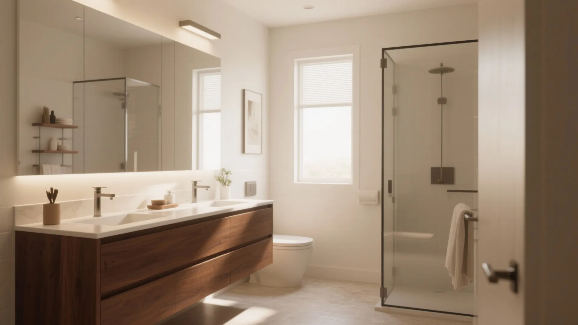 Bright modern bathroom with double sink wood cabinet glass shower door white walls and natural light
