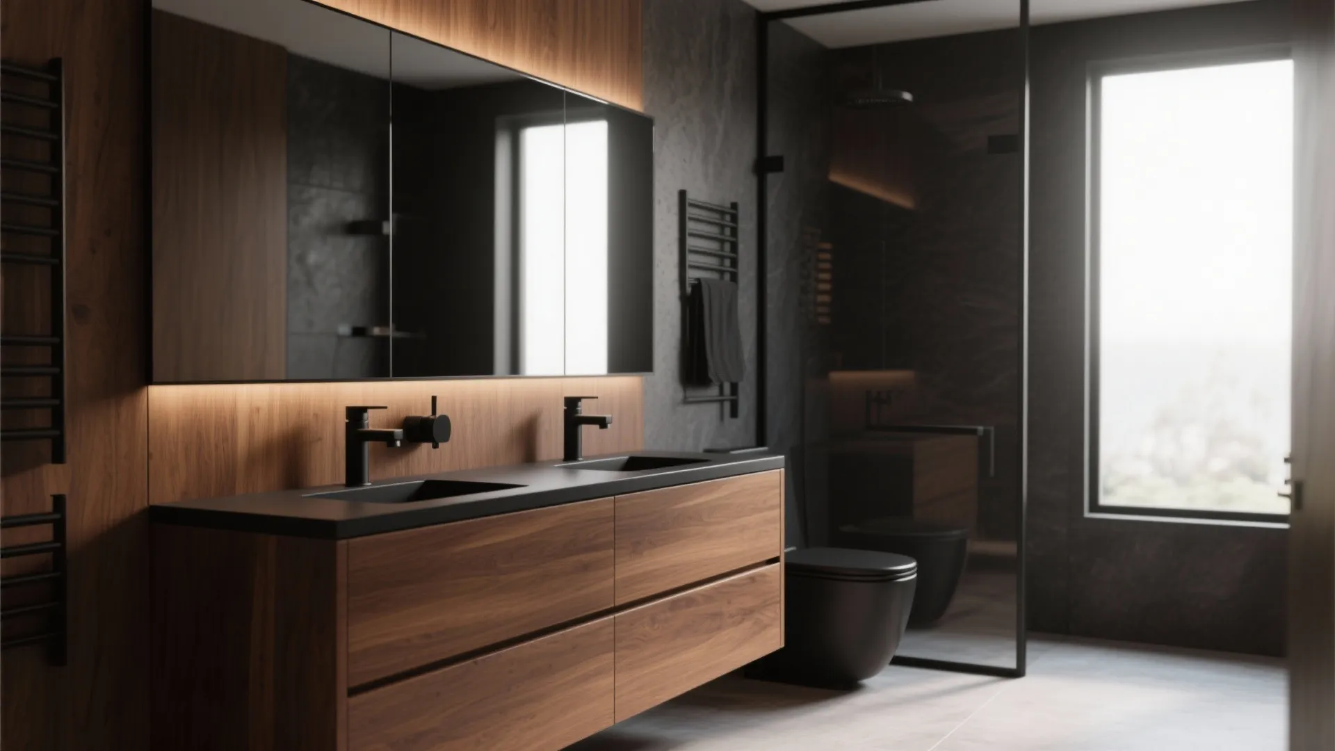 Dark modern bathroom with wood cabinet black sinks matching black toilet and glass walk in shower