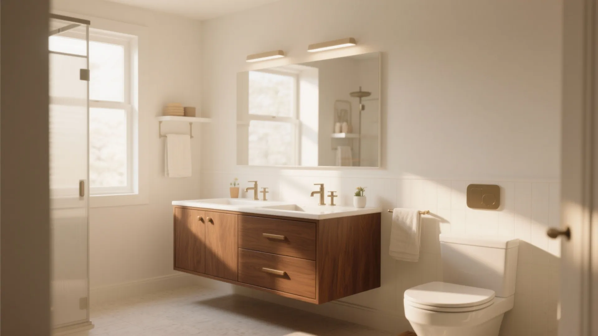 Bright bathroom with wood floating cabinet white walls double sinks large mirror and a white toilet