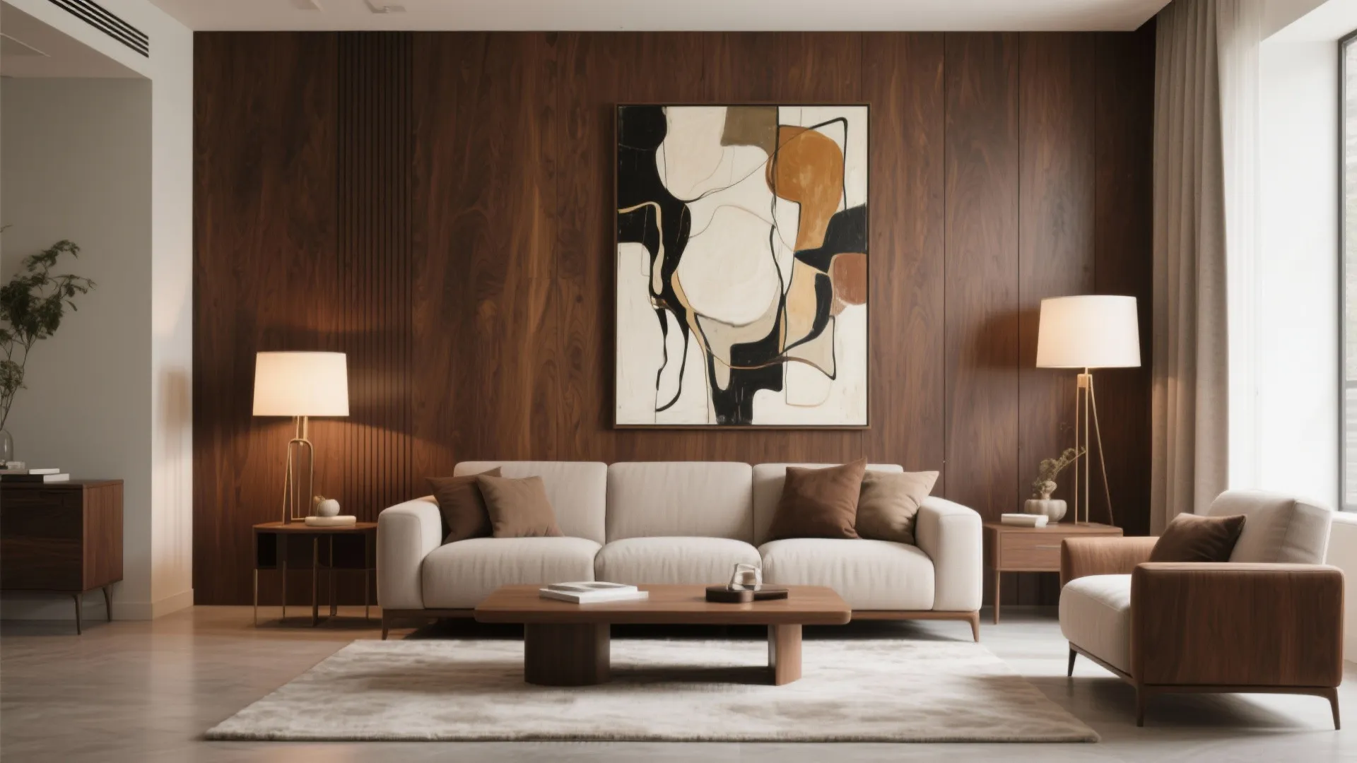 Modern living room with dark wood wall panels large abstract painting white sofa and floor lamps