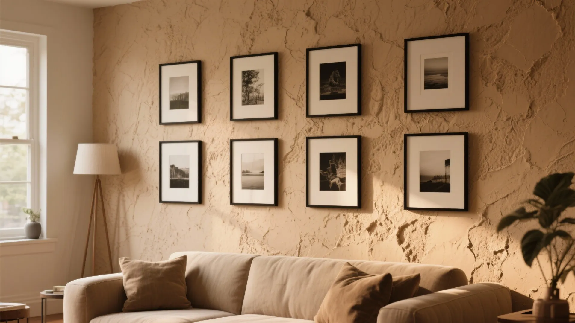 5. Textured Brown Accent Wall with Black Frames