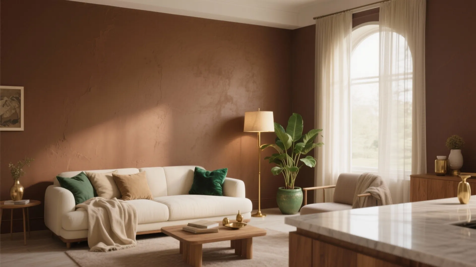 Modern living room featuring brown walls white sofa wooden coffee table floor lamp and green plant