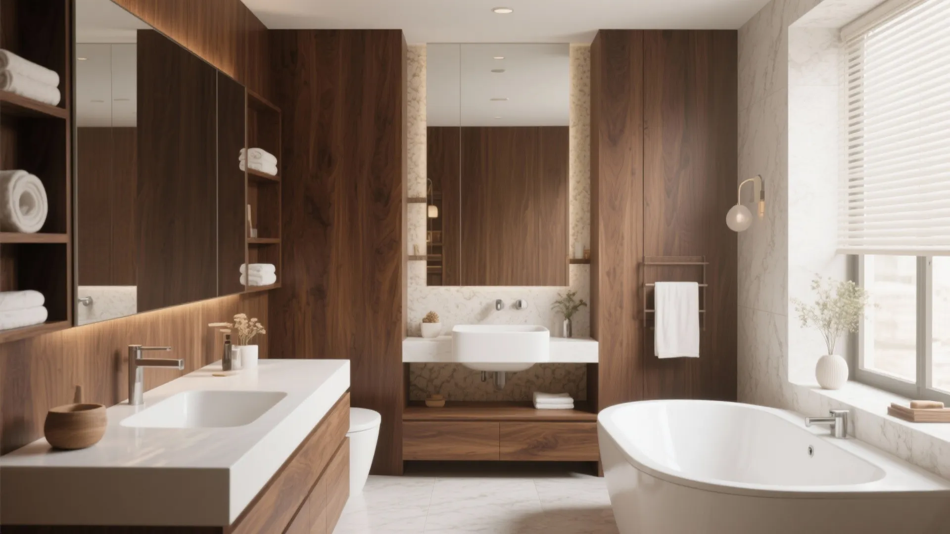 Luxury master bathroom featuring dark wood cabinets white marble counters large bathtub and wall light