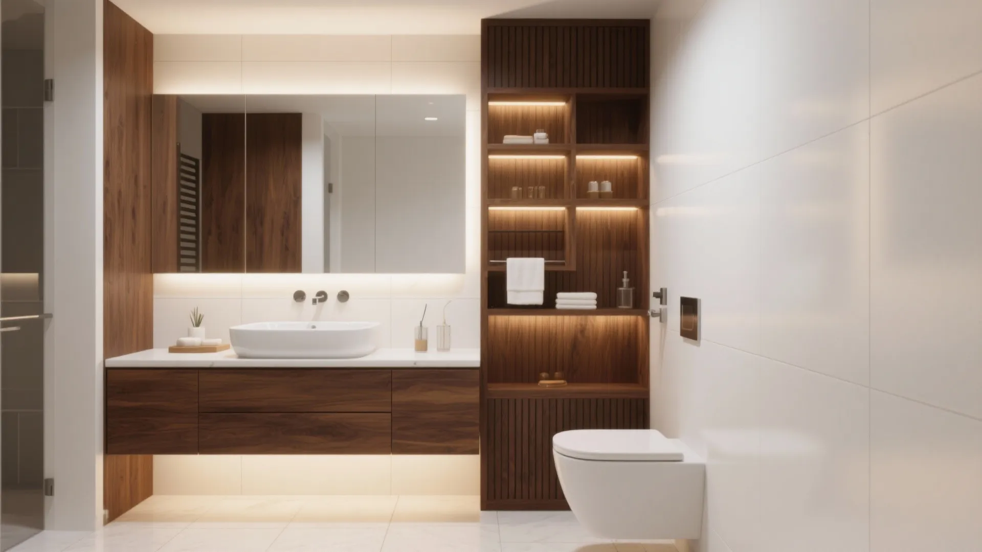 Brown accents contrast with crisp white walls in modern bathroom