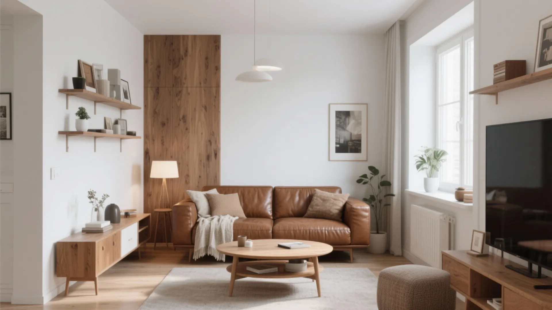 Modern living room featuring brown leather sofa round wooden coffee table white walls and light