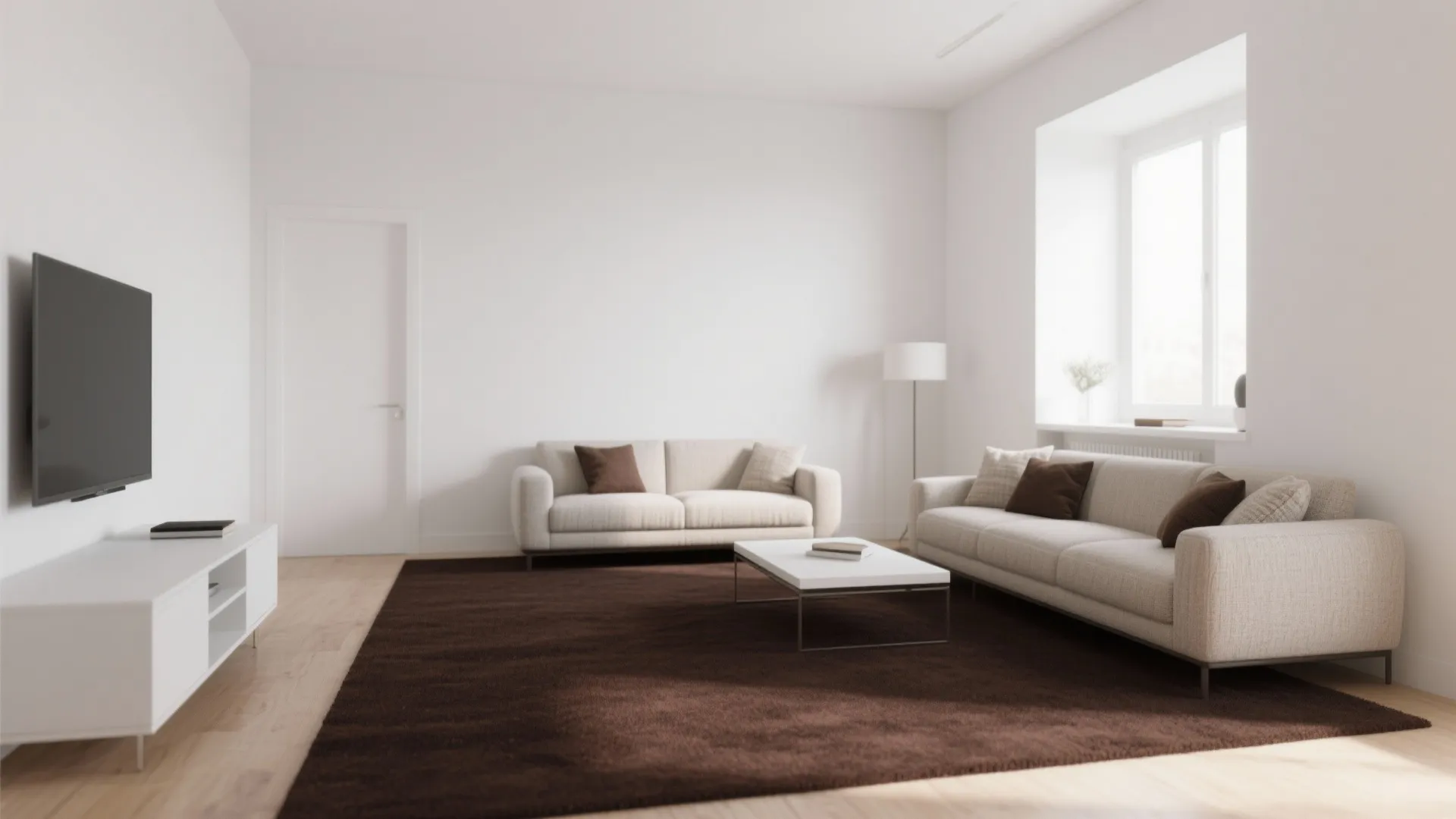 Modern minimalist living room with white walls brown rug beige sofas and a coffee table