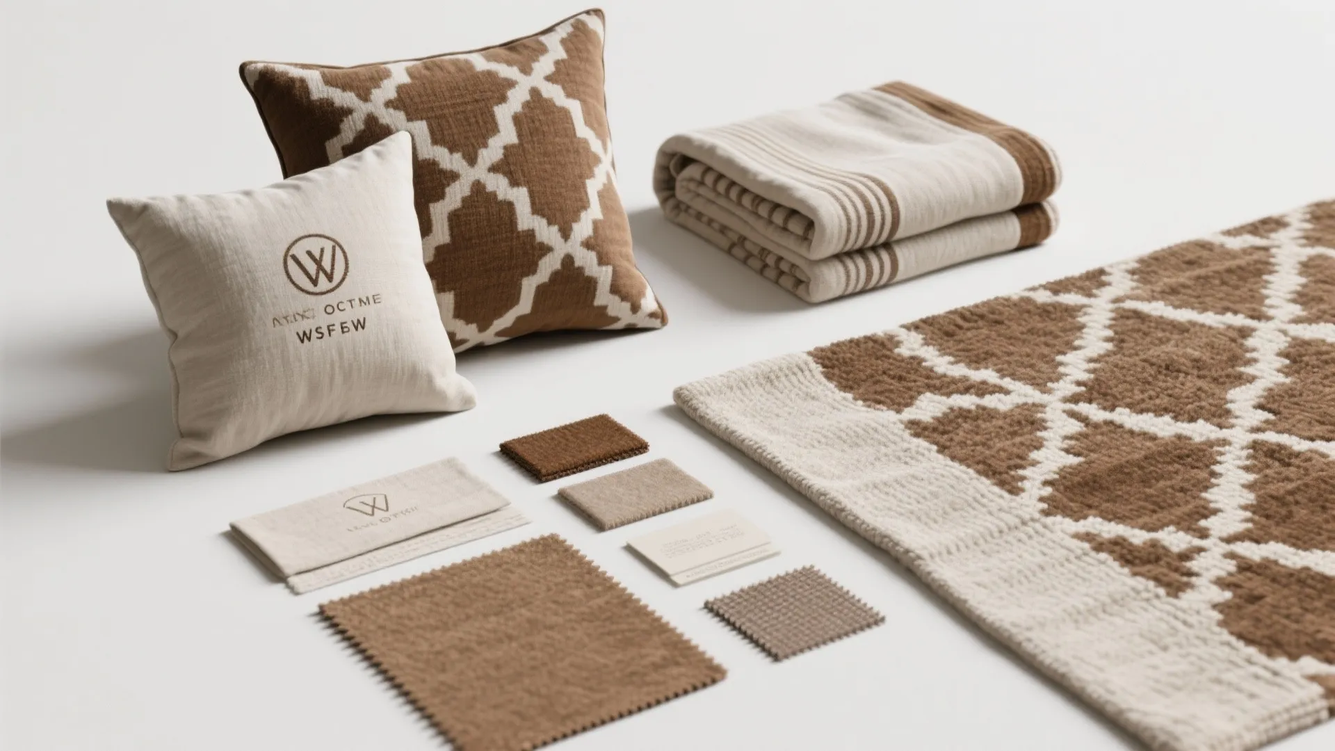 3. Pattern play: brown textiles on a white backdrop