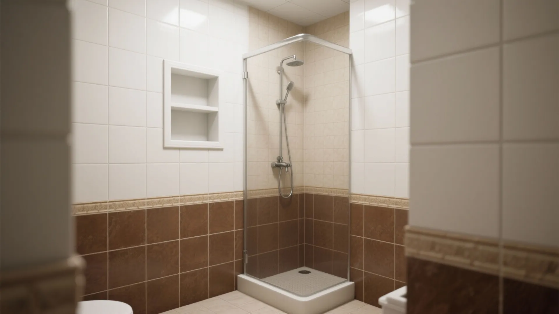 2. Two-toned tiles: brown base, white shower niche