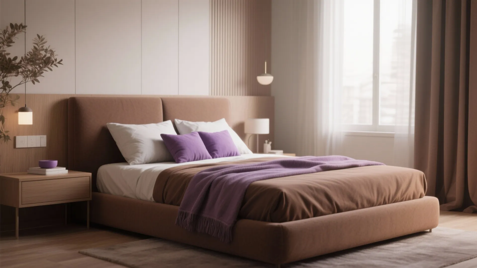 Brown-toned bedroom with lavender cushions and throw blanket