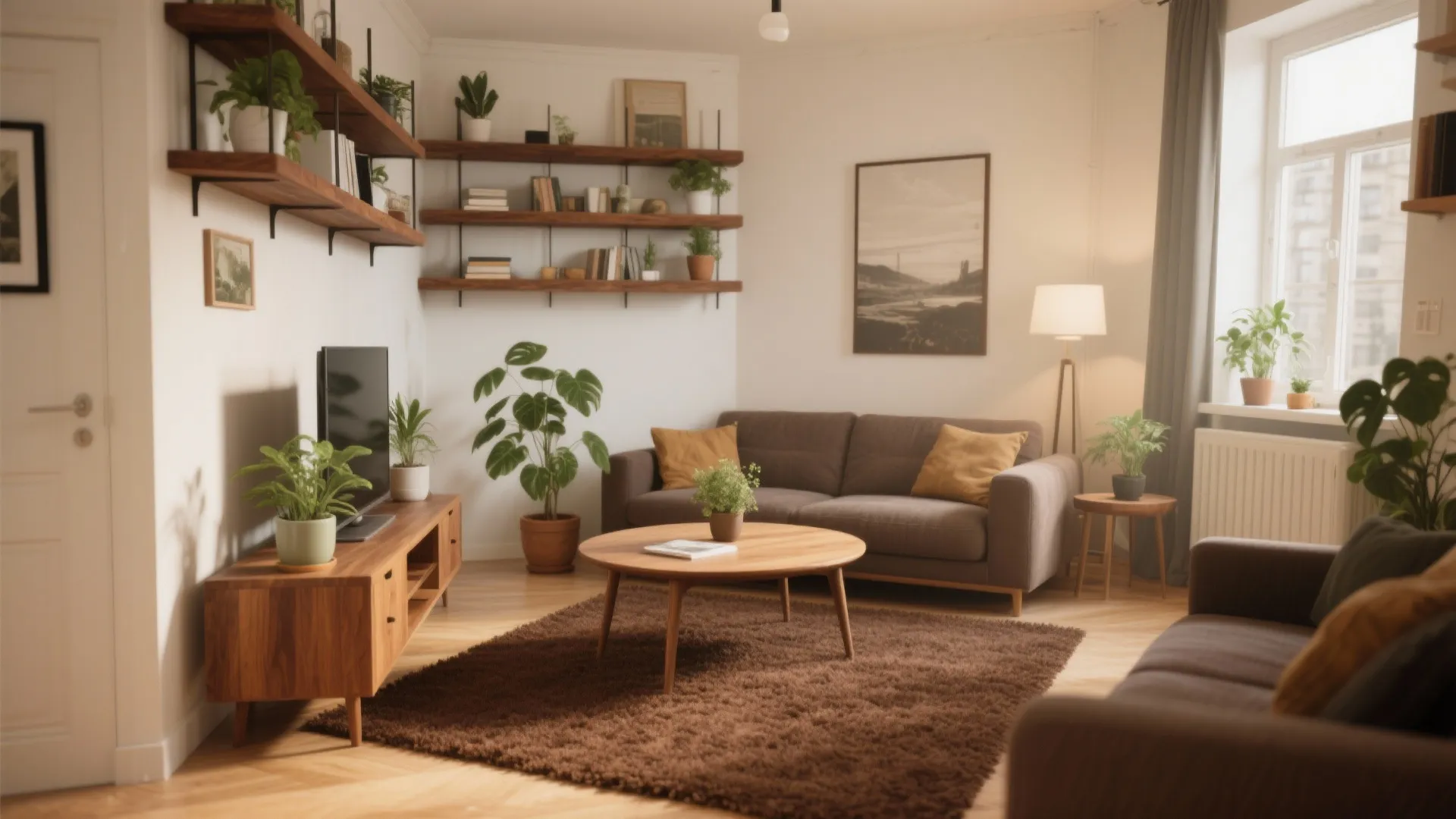 Living room with brown sofa shaggy rug round coffee table wooden wall shelves and plants