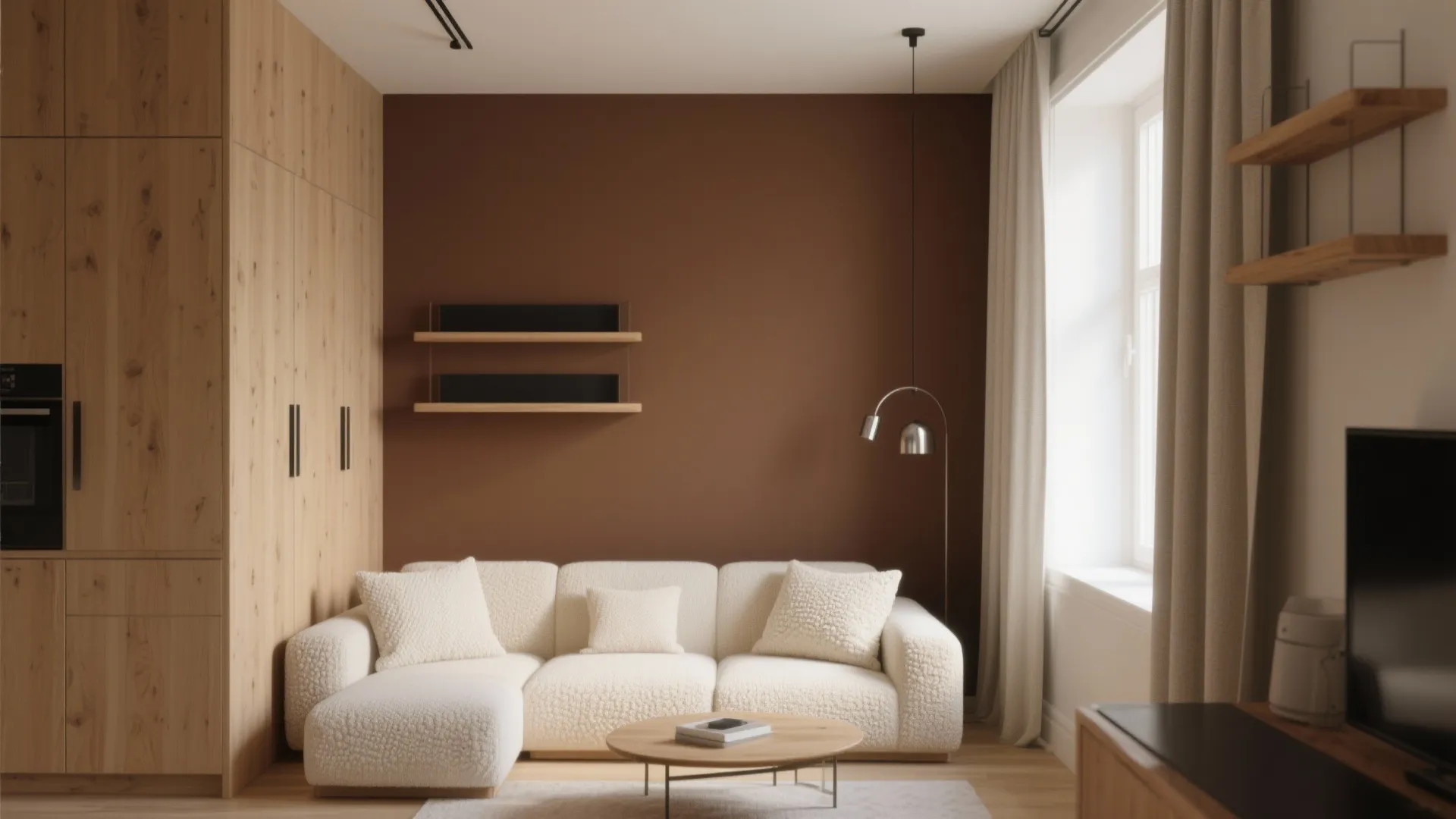Modern small living room area with white sofa wooden cabinets brown wall and large window