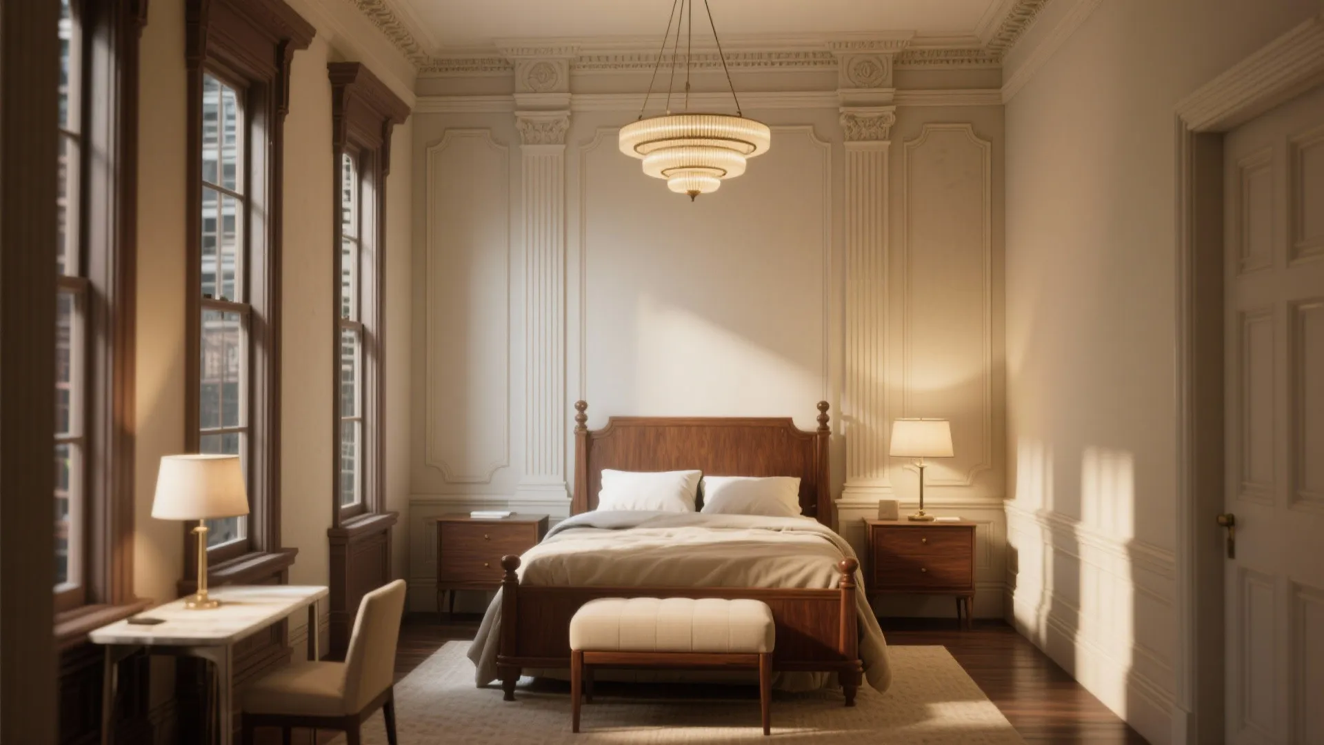 Classic bedroom with wooden bed frame and cream wall panels plus a gold tiered ceiling light