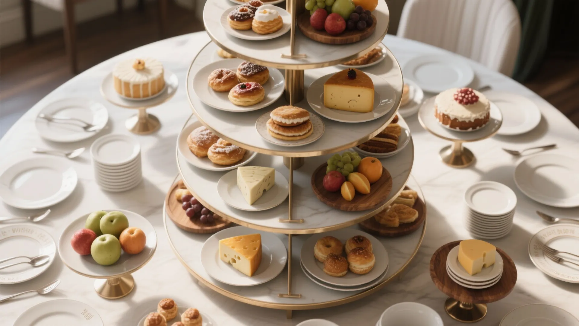 Multi level food stand with dessert pastries and fresh fruit on a white marble dining table