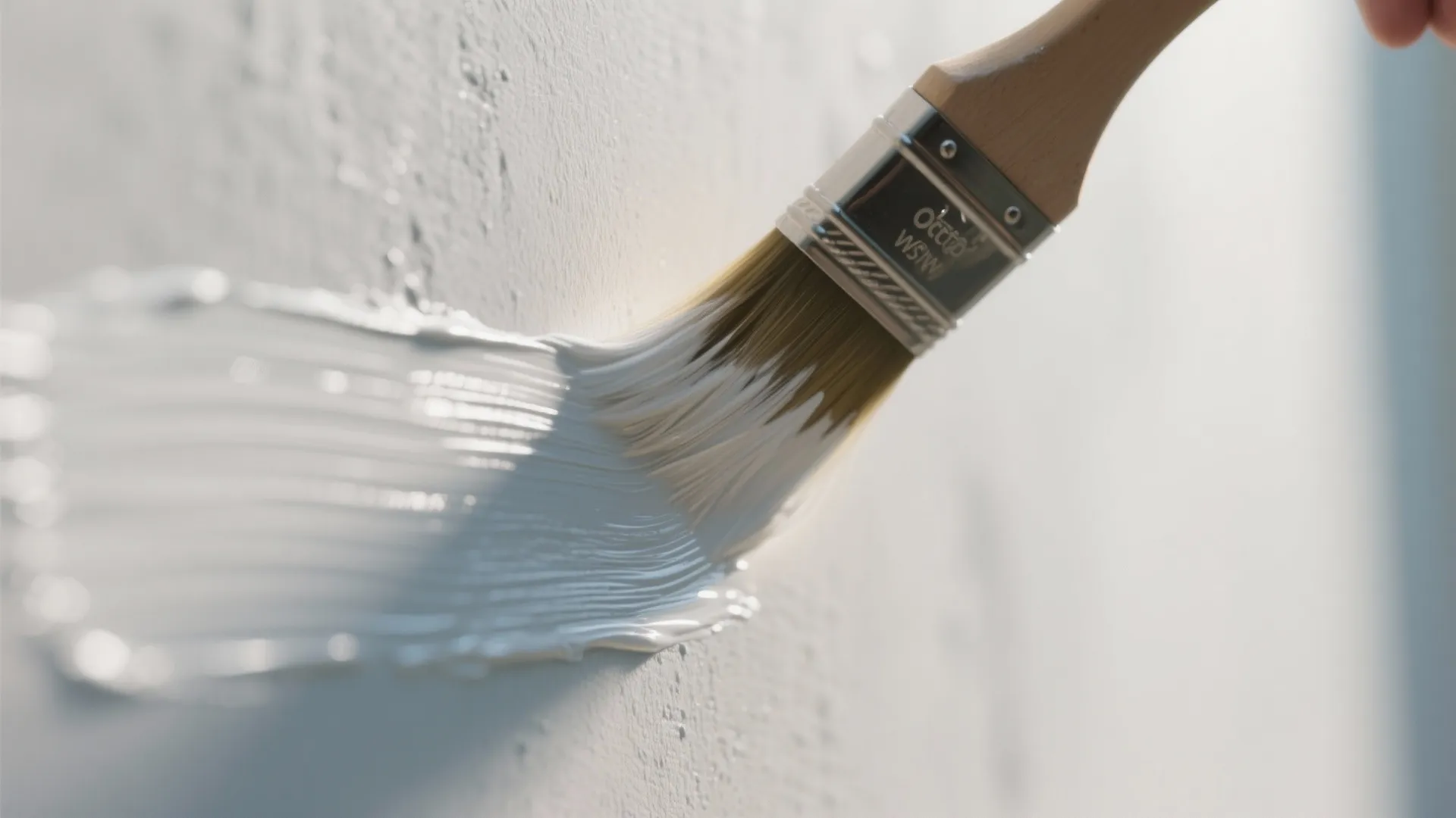 Close up view of a wooden paint brush applying thick white paint to a textured wall
