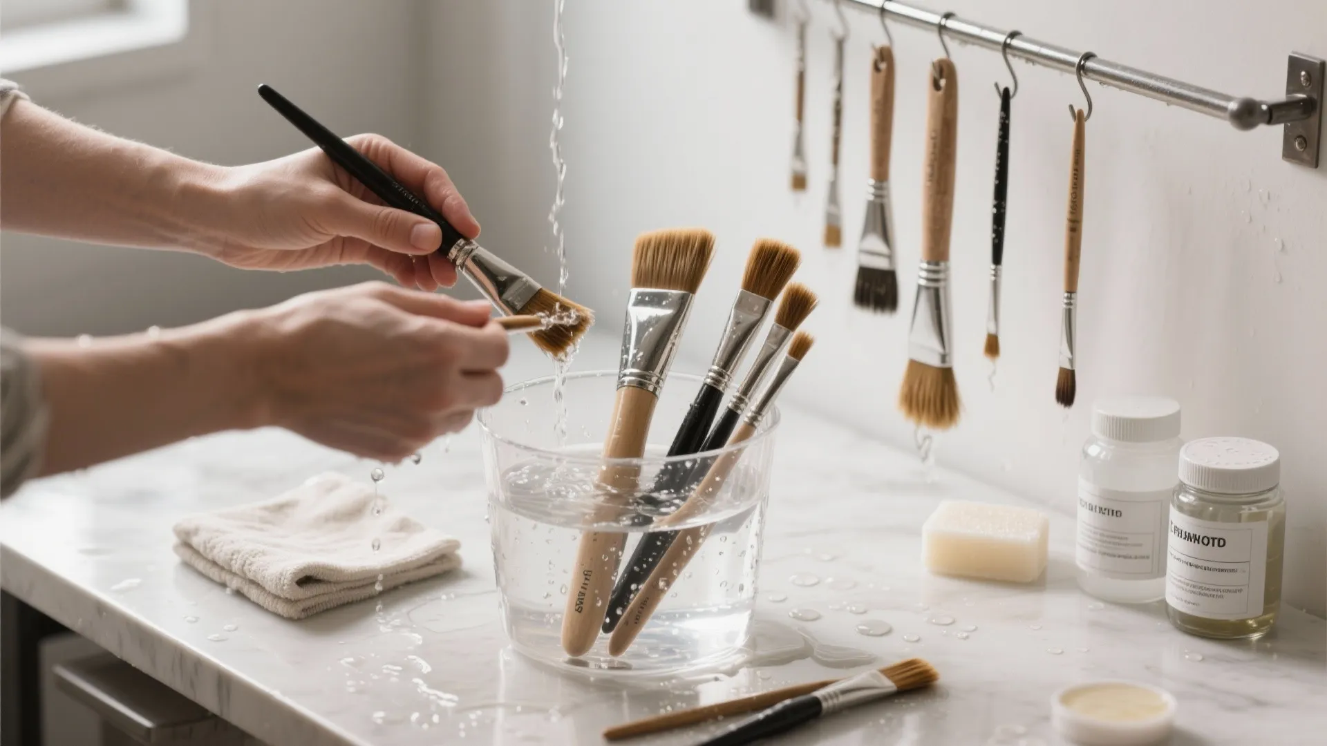 Person washing paint brushes under running water into a glass jar on white marble surface