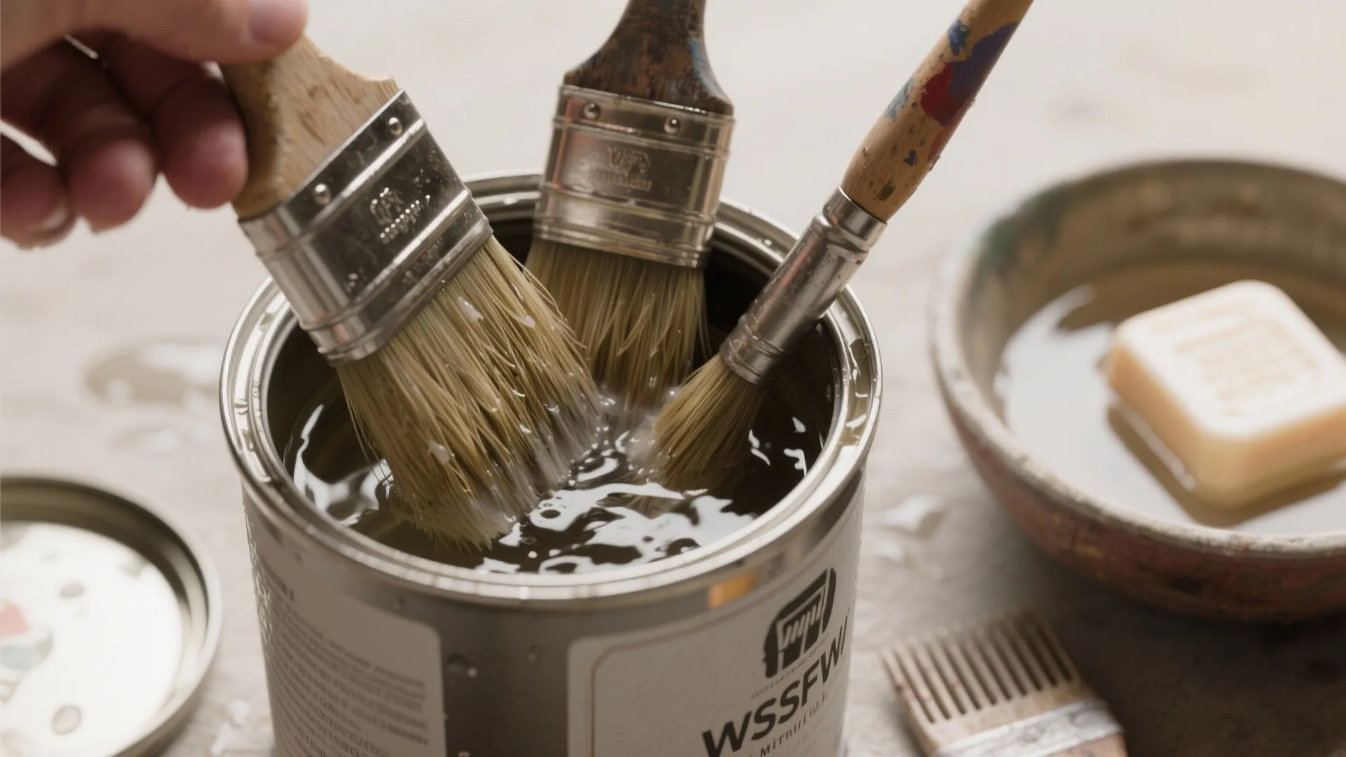 Hand dipping three paintbrushes into a metal can filled with water next to bar soap