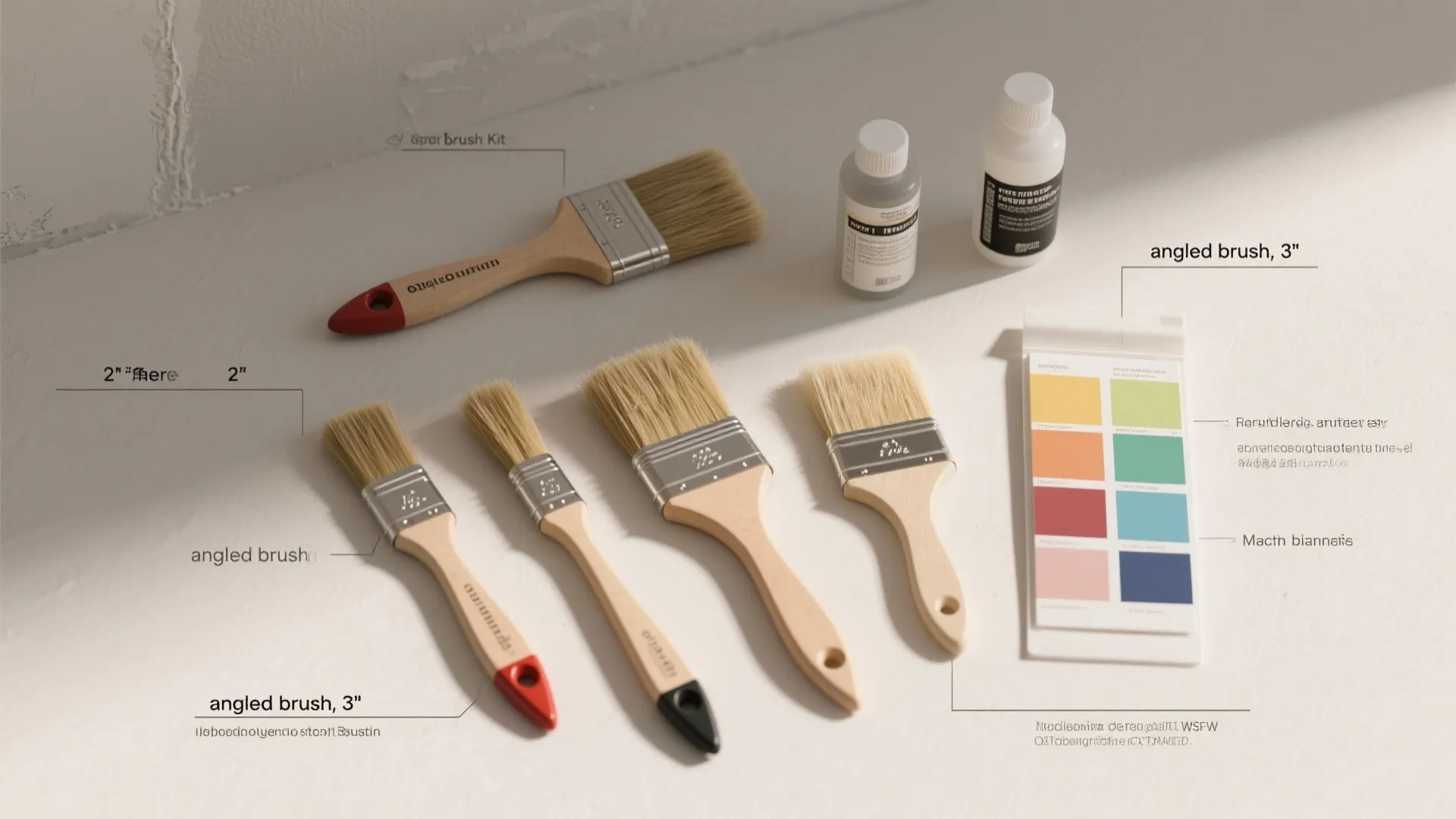 Variety of wooden paint brushes with color palette and white liquid bottles on plain table surface