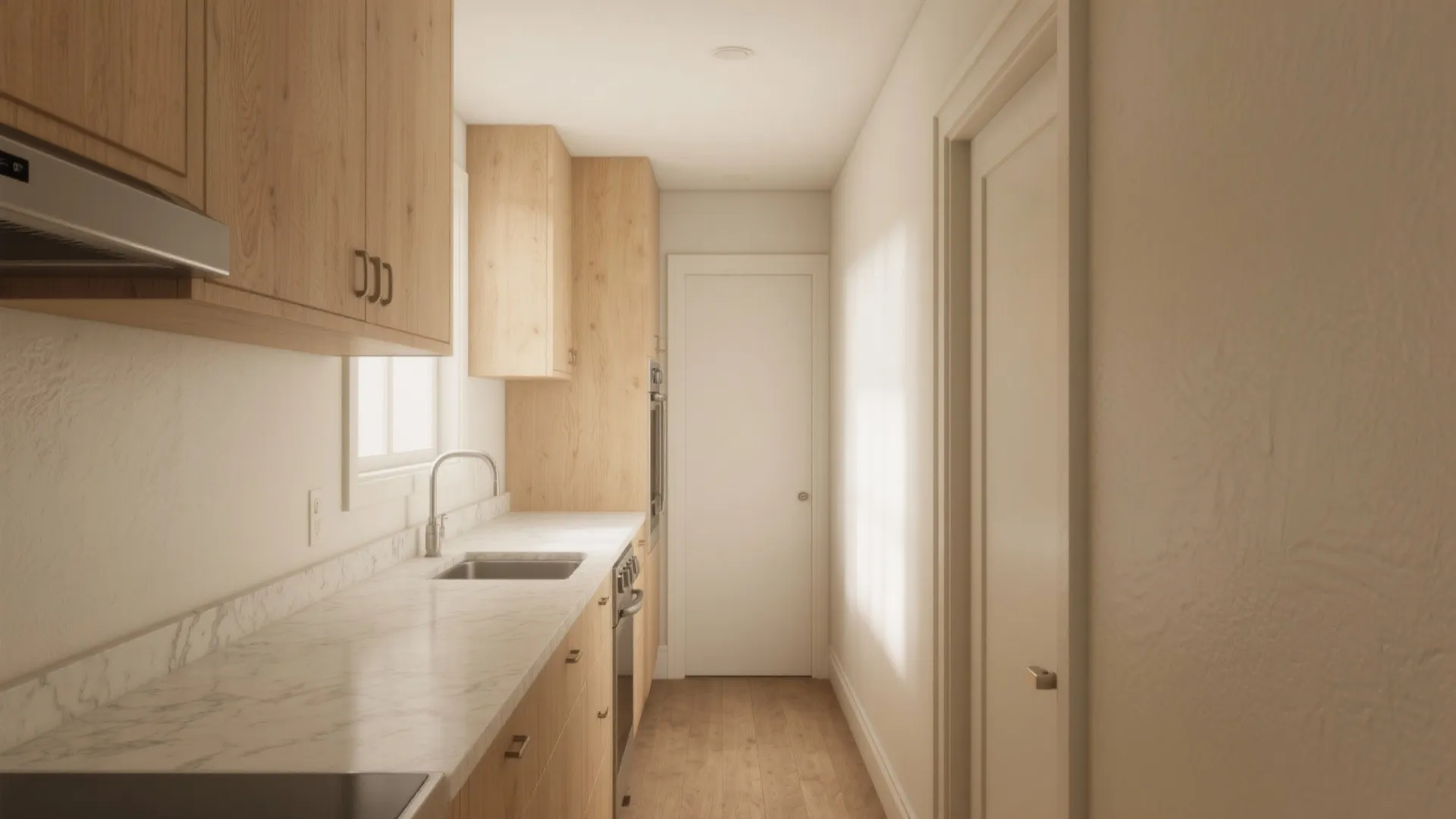 Narrow kitchen area with light wooden cabinets marble countertop silver sink and white wooden floor