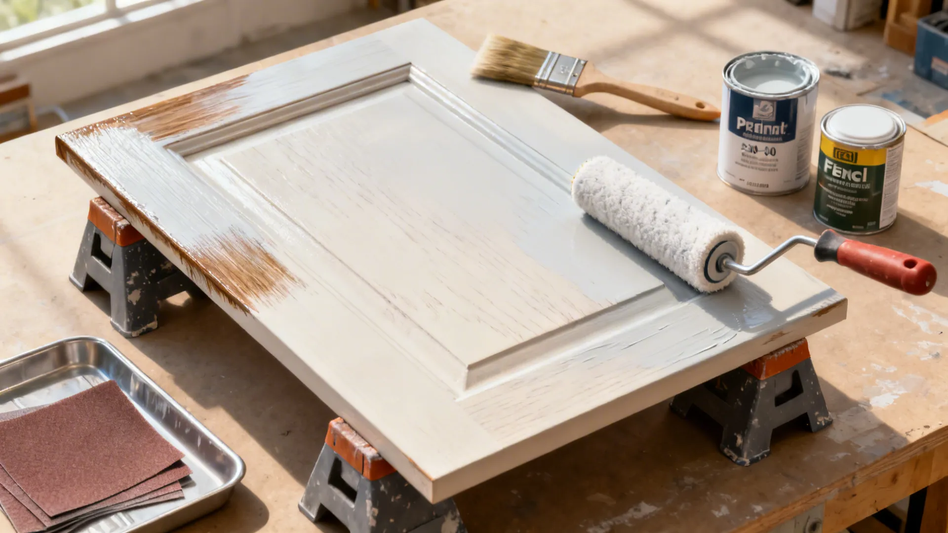 Top-down view of cabinet door on pyramids with brush, foam roller, primer, and sanding sheets.