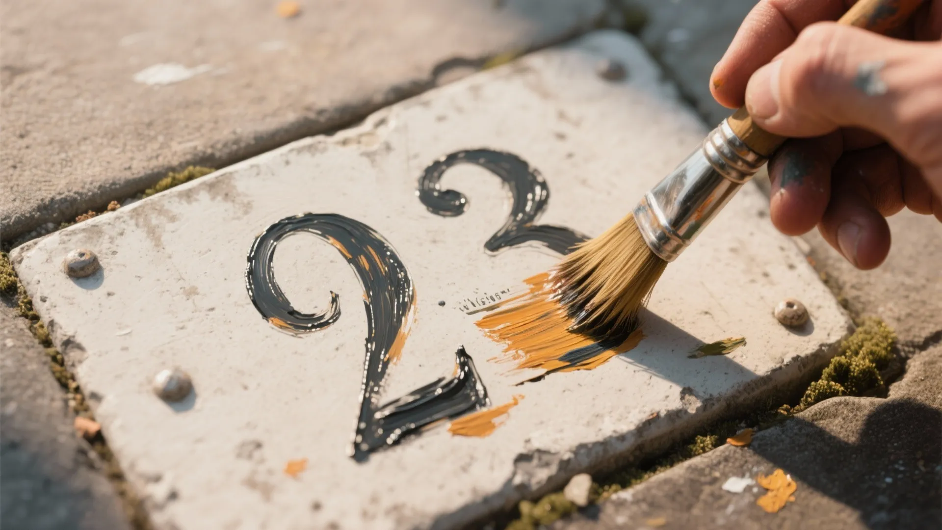 Hand-painted brush-script curb number showing visible brush strokes and artisan detail.