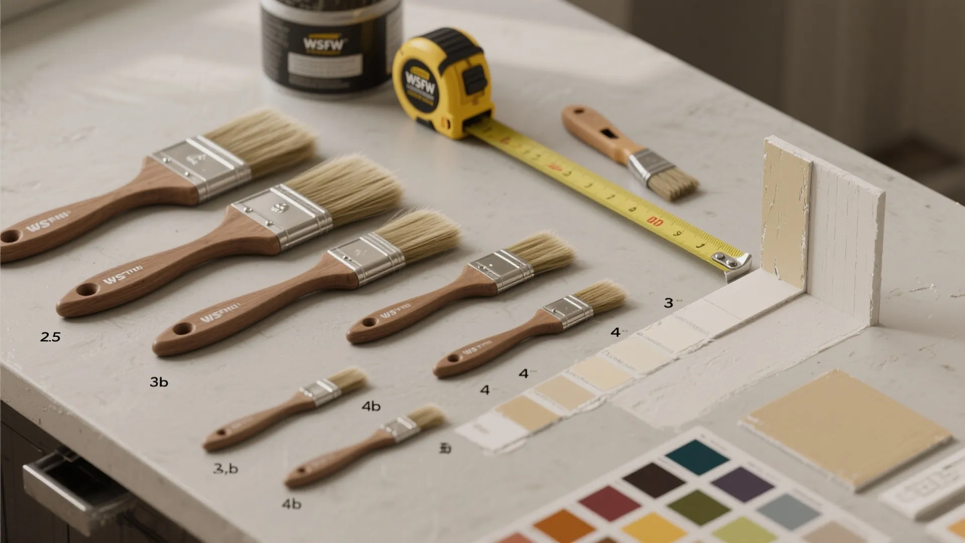 Flatlay of different brush sizes, paint swatches, and a small wall mockup demonstrating scale choices.