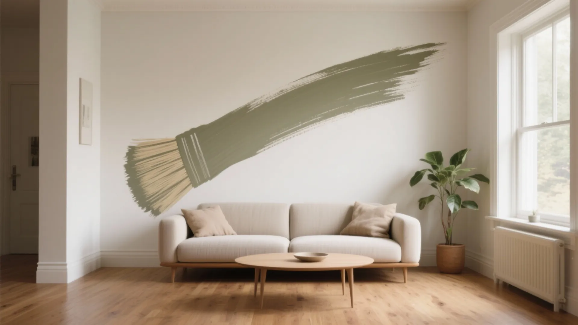 Modern living room with beige sofa wood floor coffee table and green paint brush wall art