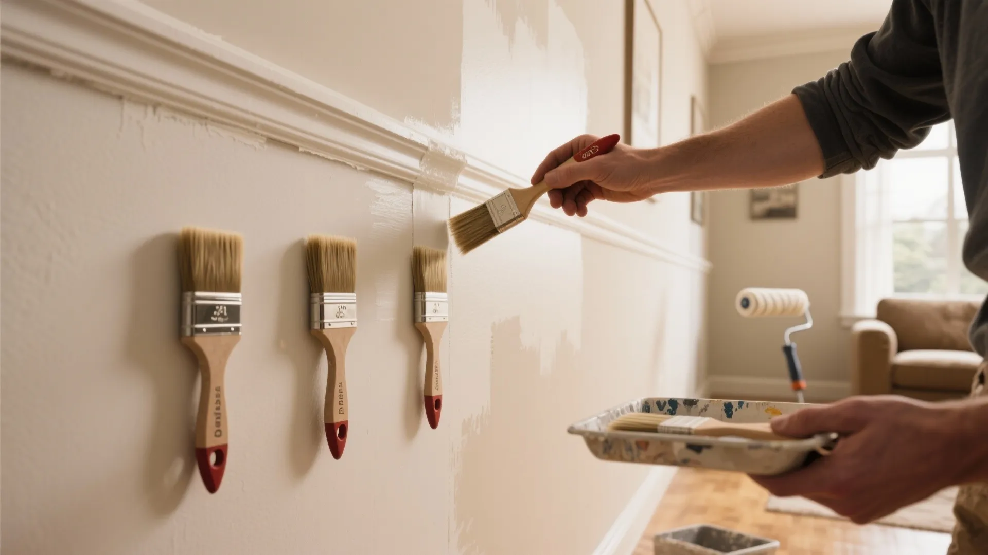 Painter using a small brush on a white wall panel next to multiple hanging paint brushes