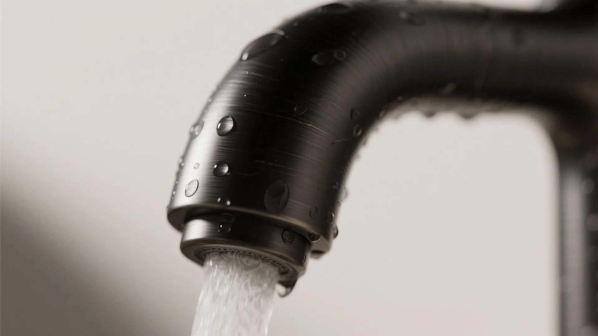Close up of brushed black metal kitchen tap with water droplets and flowing water stream