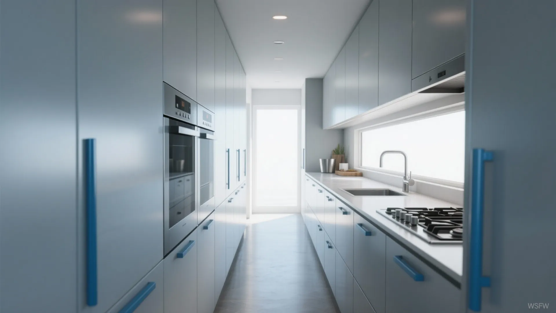 Galley kitchen with brushed blue bar handles on slab cabinets and neutral appliances.