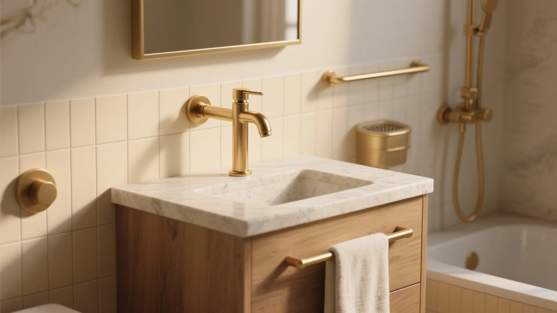 Modern bathroom with gold water tap marble sink wooden cabinet mirror and white wall tiles
