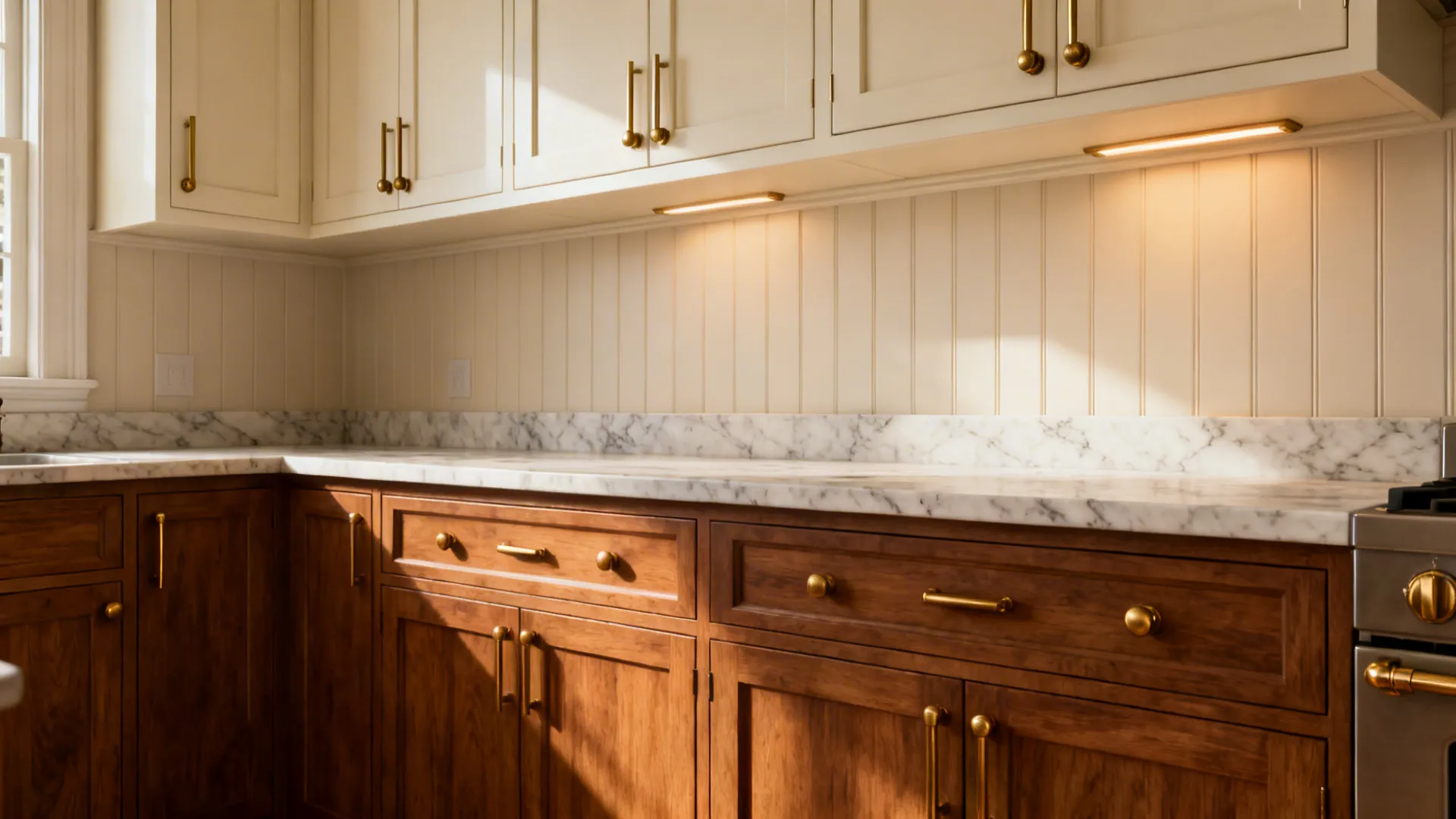 Cream and oak cabinets with brushed brass knobs and pulls glowing softly.