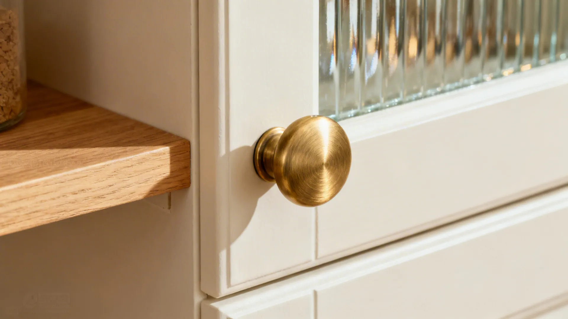 Macro of a brushed brass knob on a white cabinet with warm highlights.