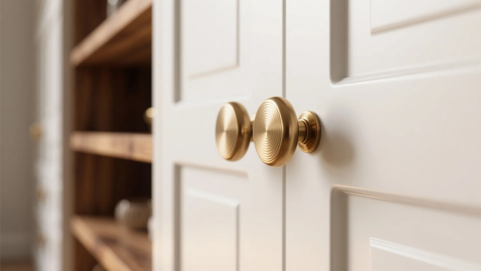Close up of round gold metal handles on white cabinet doors with wooden shelves in background