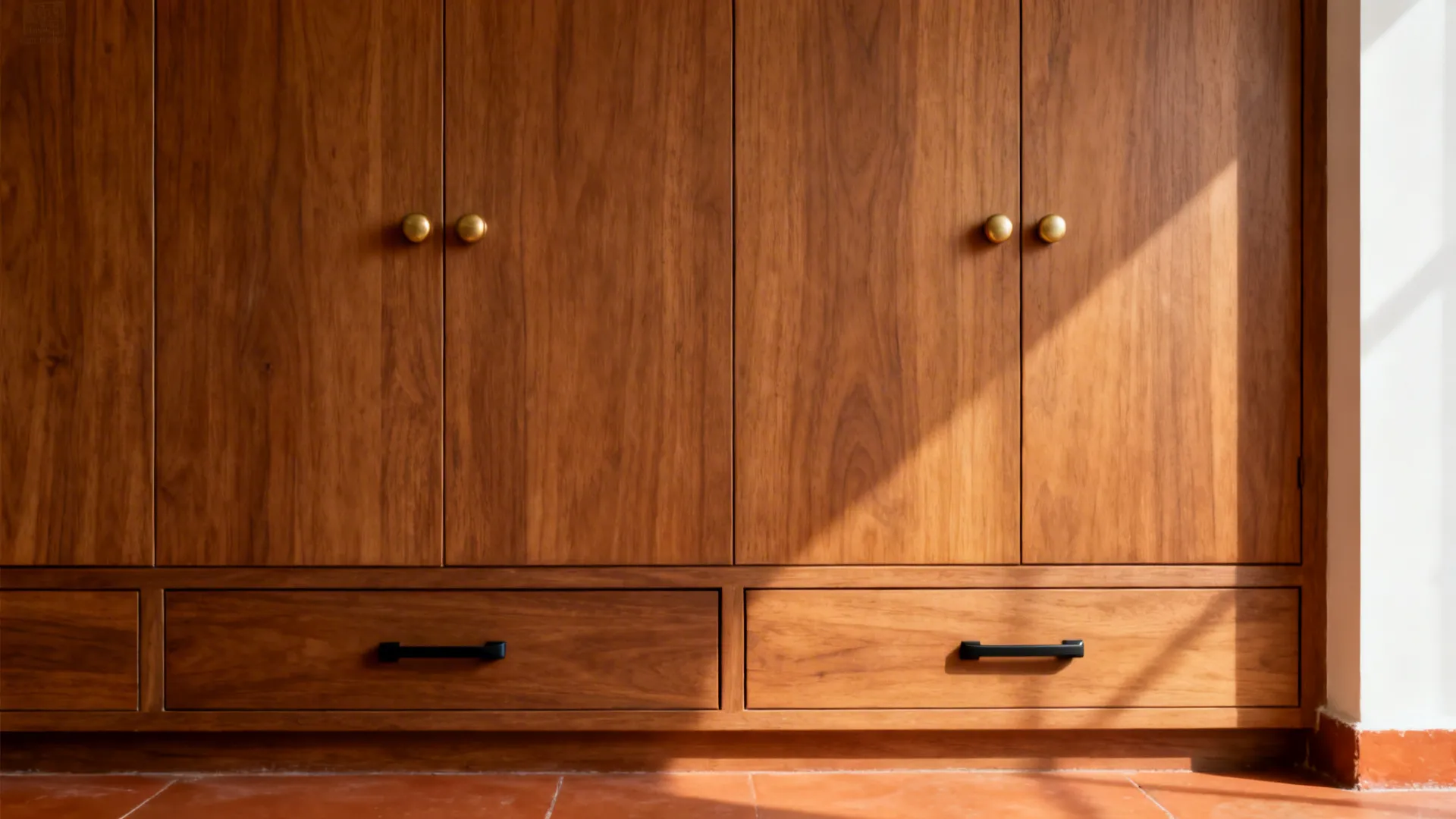 Shaker-style upper cabinets with brushed brass knobs in a warm oak finish.