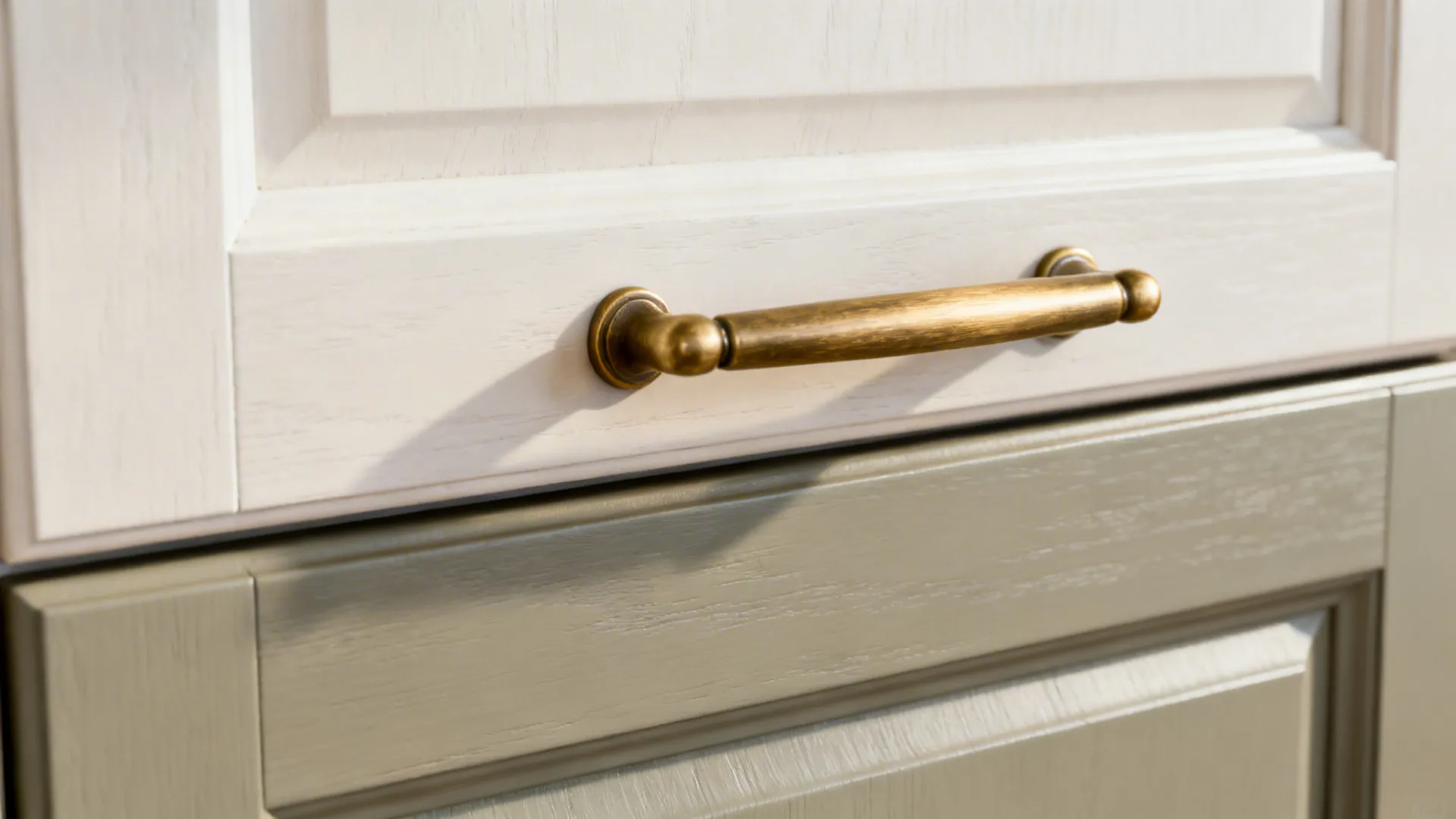 Close up of a brass handle on white wooden kitchen cabinet above a green drawer