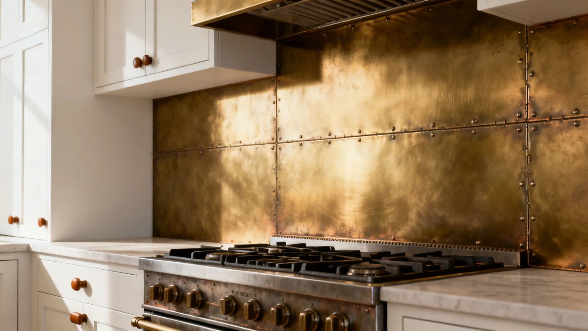 Brushed brass metal backsplash behind stove with matte white cabinets and warm hardware.