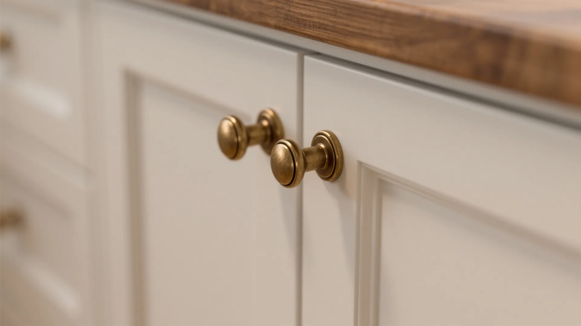 Close up view of round metal cabinet handles on white doors under wood kitchen countertop