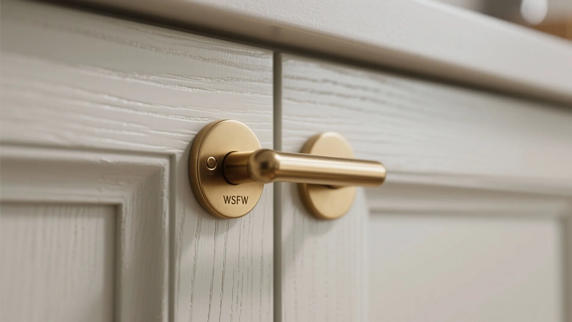 Close-up of a brushed brass cabinet handle showing metallic texture and finish.