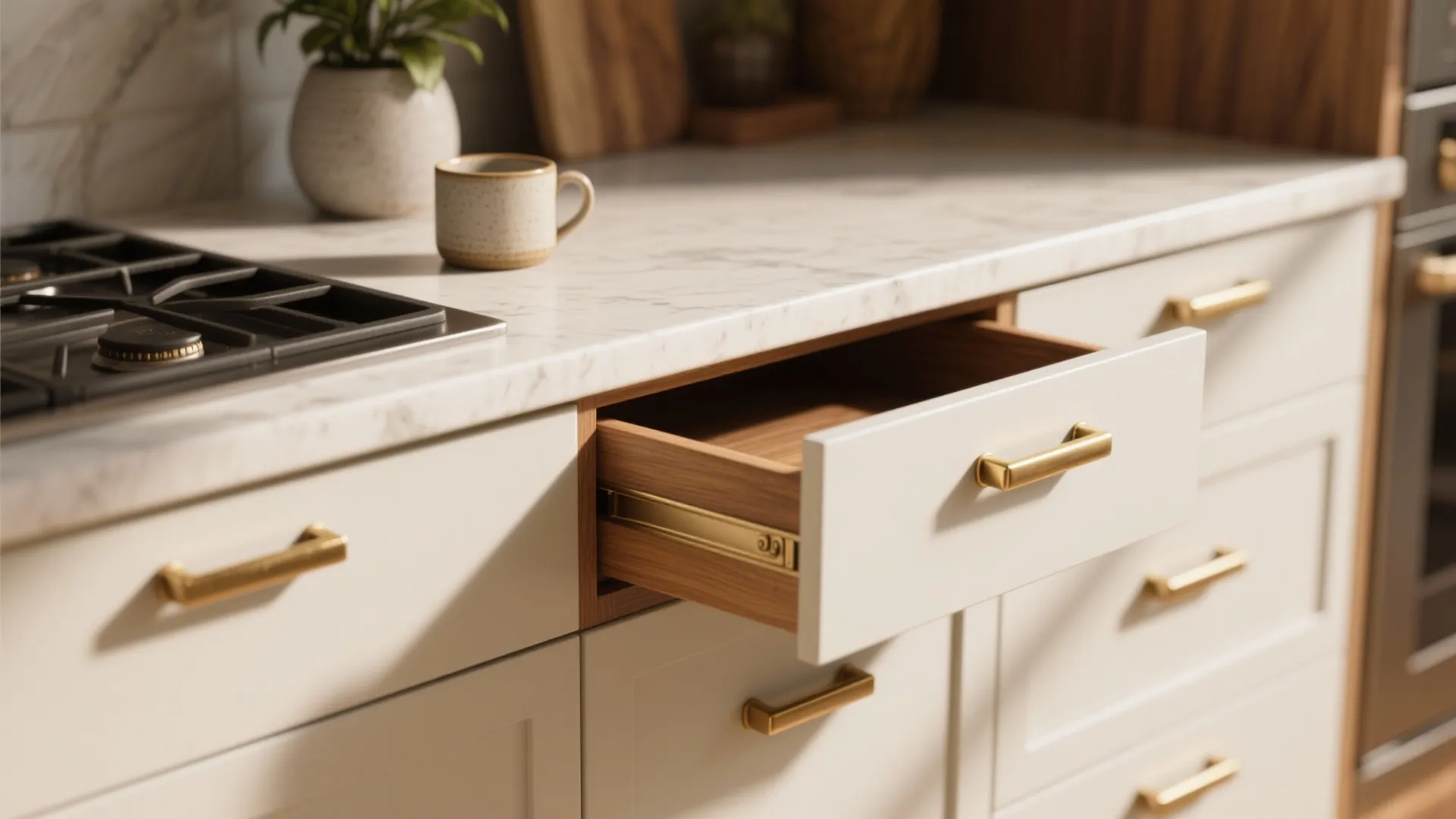 Warm kitchen cabinets fitted with brushed brass-look pulls highlighting metal sheen.