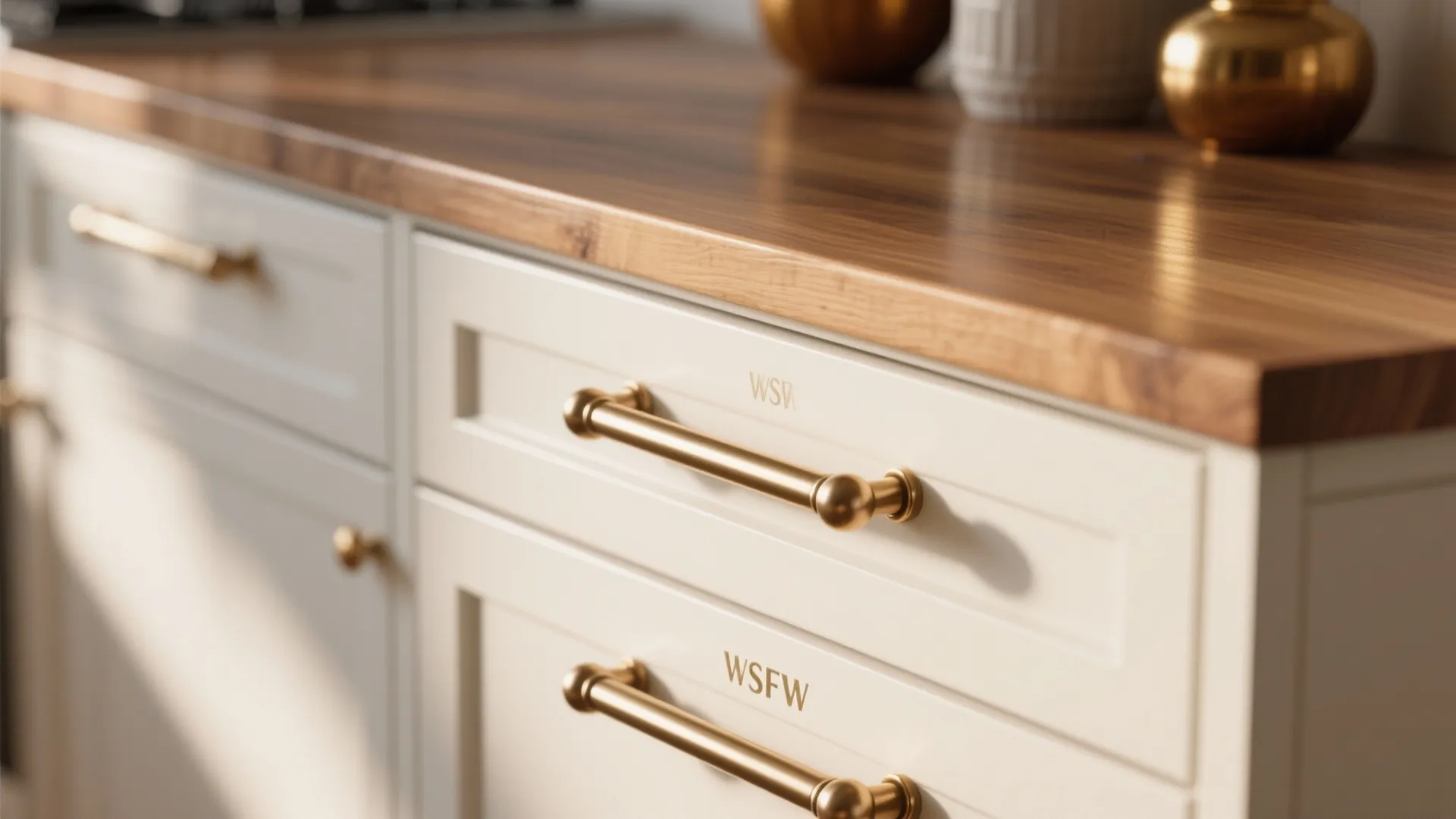 Modern kitchen white drawers featuring brushed gold metal handles underneath a natural brown wood countertop