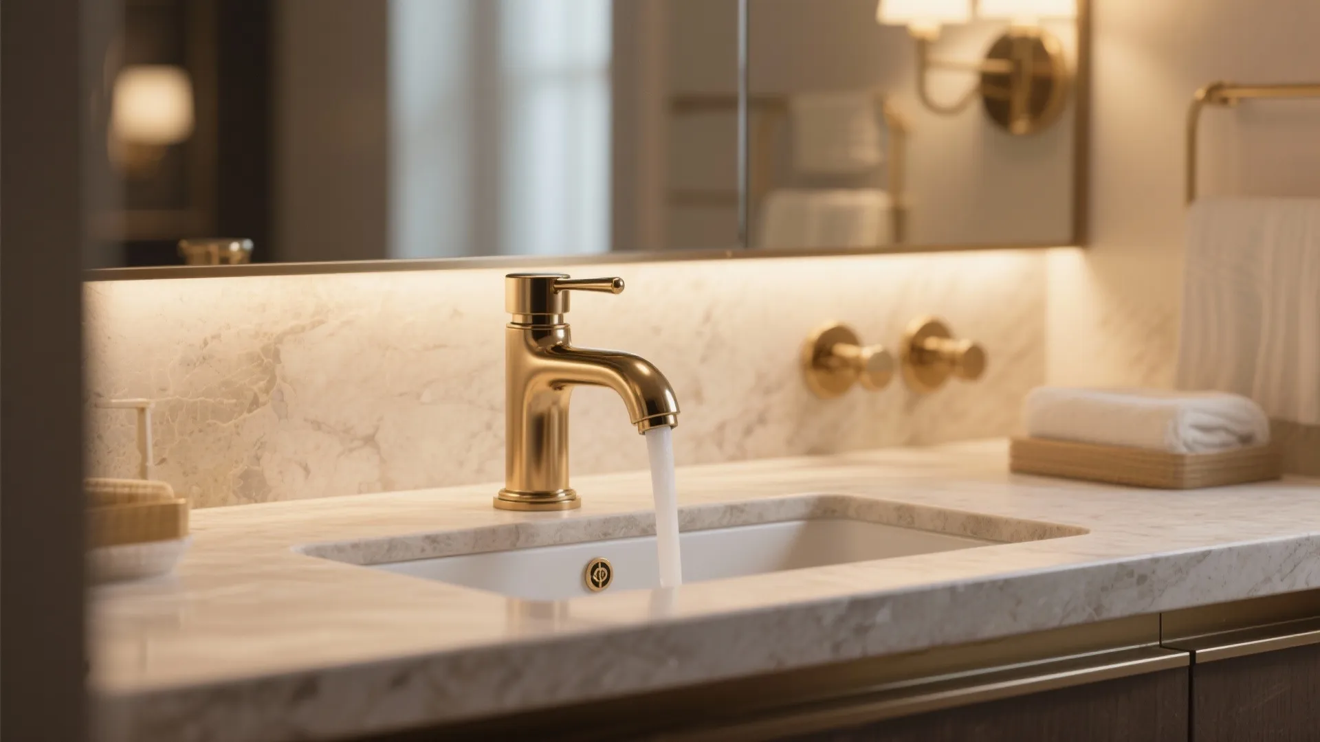 Gold water tap with flowing water into a white sink on a marble stone countertop