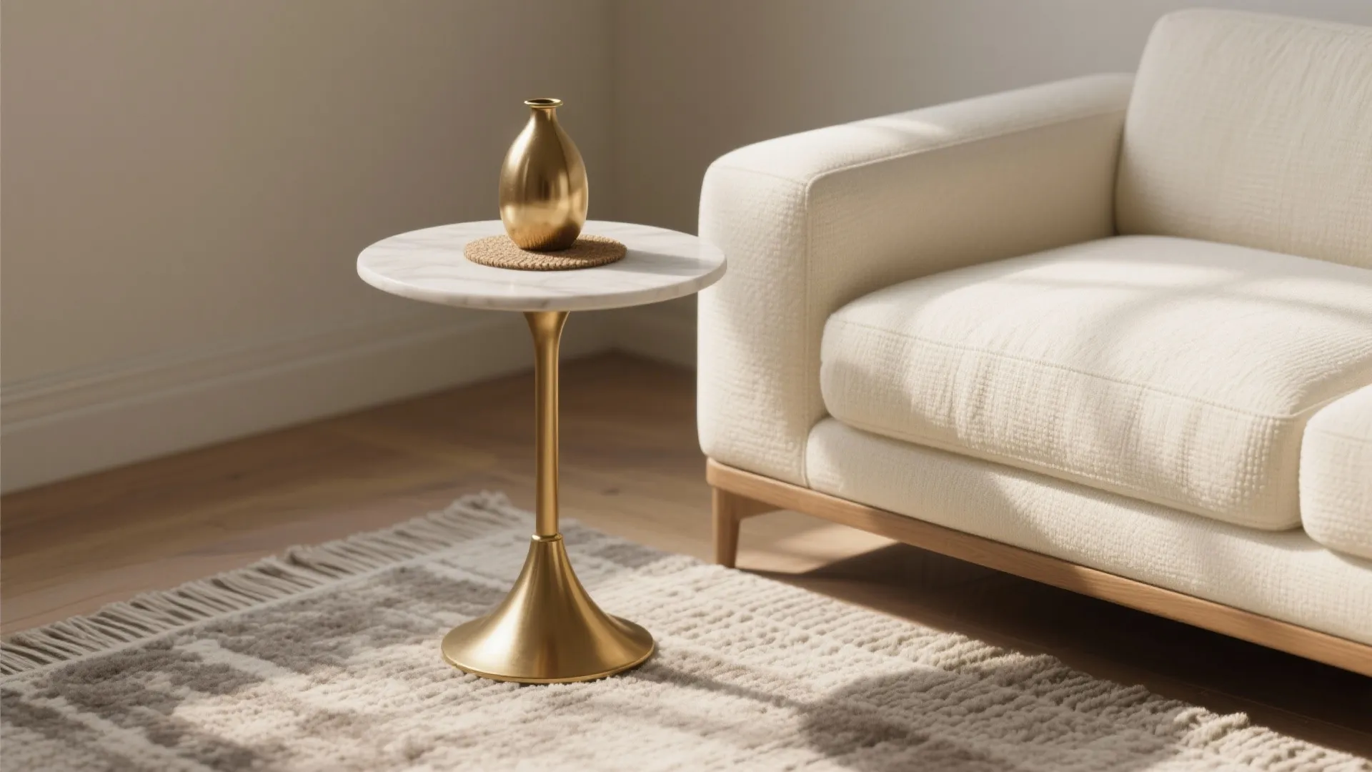 Brushed brass mini pedestal small gold side table beside a cream sofa on a textured rug